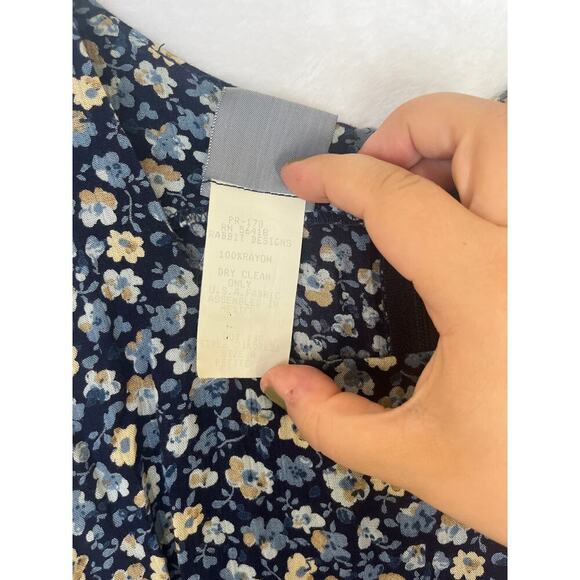 VTG Rabbit Designs 90s Blue Floral Midi Tie Back Dress Prairie sz 4P Cottage - Picture 5 of 7